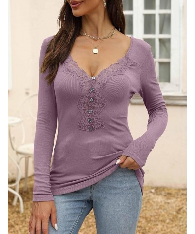 Womens Tunic Ribbed Knit Henley Long Sleeves Lace Tops V Neck Button Shirts Casual Slim Fit Fall Blouses 7 Purple $13.24 Tops