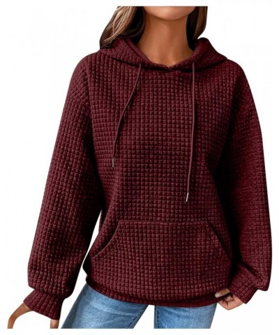 Women Hoodies Long Sleeve Drawstring Waffle Front Sweatshirts Solid Color Tops Pullover Fashion Clothes Pockets 1-wine $14.21...