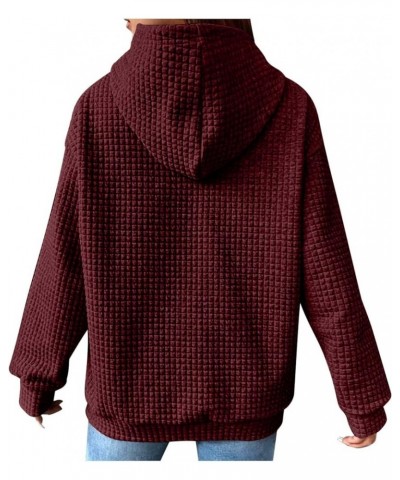 Women Hoodies Long Sleeve Drawstring Waffle Front Sweatshirts Solid Color Tops Pullover Fashion Clothes Pockets 1-wine $14.21...