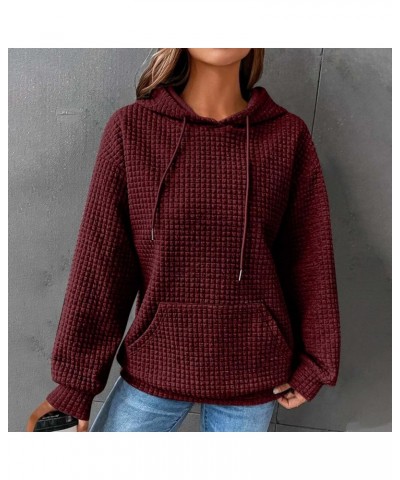 Women Hoodies Long Sleeve Drawstring Waffle Front Sweatshirts Solid Color Tops Pullover Fashion Clothes Pockets 1-wine $14.21...