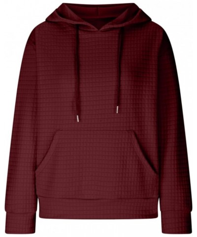 Women Hoodies Long Sleeve Drawstring Waffle Front Sweatshirts Solid Color Tops Pullover Fashion Clothes Pockets 1-wine $14.21...