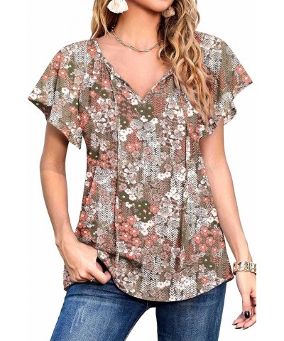 Women's Summer Casual Boho Floral Printed V Neck Chiffon Tops Drawstring Short Sleeve Blouses Shirt 01flower Khaki $12.74 Blo...