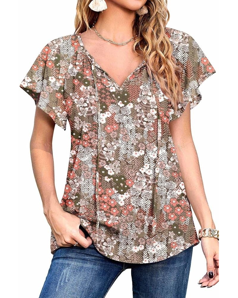 Women's Summer Casual Boho Floral Printed V Neck Chiffon Tops Drawstring Short Sleeve Blouses Shirt 01flower Khaki $12.74 Blo...