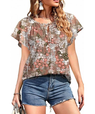 Women's Summer Casual Boho Floral Printed V Neck Chiffon Tops Drawstring Short Sleeve Blouses Shirt 01flower Khaki $12.74 Blo...