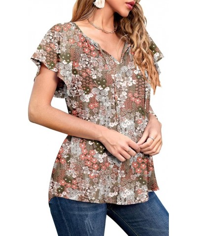 Women's Summer Casual Boho Floral Printed V Neck Chiffon Tops Drawstring Short Sleeve Blouses Shirt 01flower Khaki $12.74 Blo...