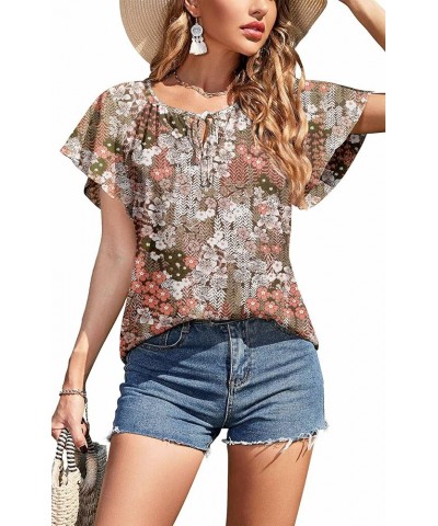 Women's Summer Casual Boho Floral Printed V Neck Chiffon Tops Drawstring Short Sleeve Blouses Shirt 01flower Khaki $12.74 Blo...