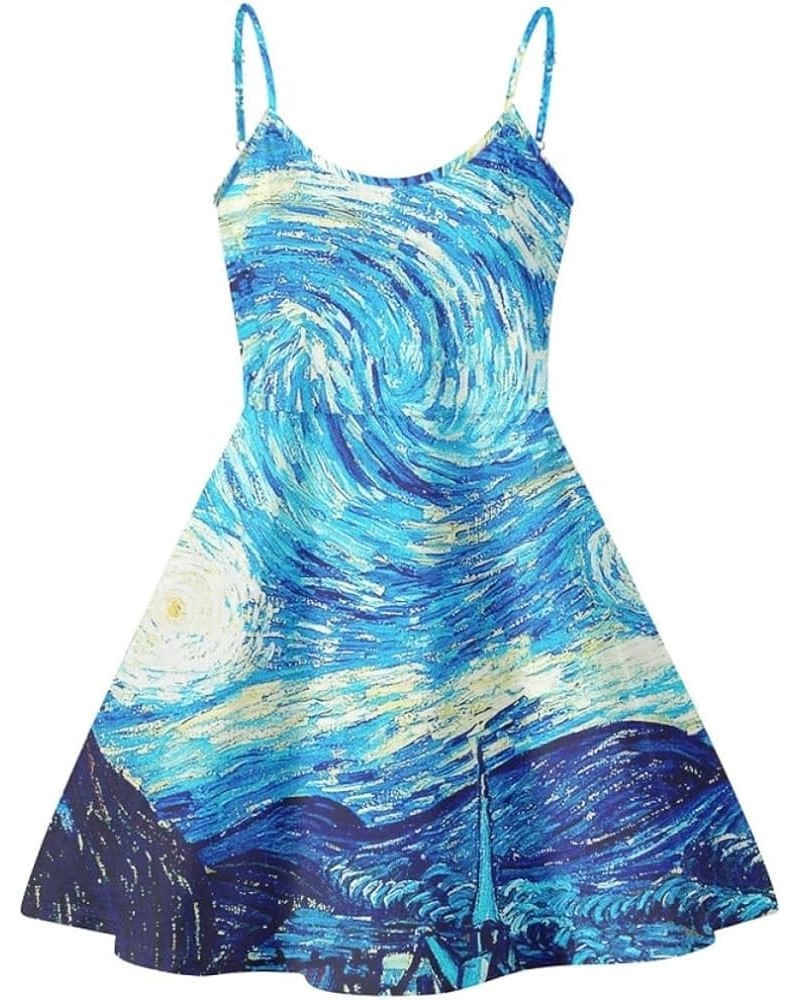 Women's Van Gogh 3D Printed V-Neck Spaghetti Straps A-Line Swing Dress Blue Van Gogh Starry Night $14.99 Dresses