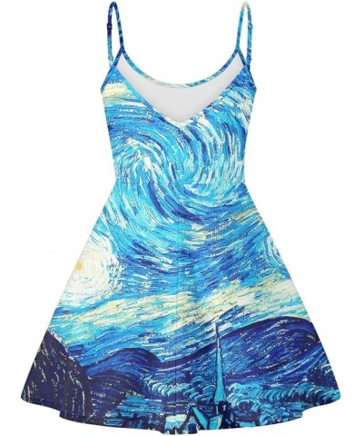 Women's Van Gogh 3D Printed V-Neck Spaghetti Straps A-Line Swing Dress Blue Van Gogh Starry Night $14.99 Dresses