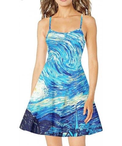 Women's Van Gogh 3D Printed V-Neck Spaghetti Straps A-Line Swing Dress Blue Van Gogh Starry Night $14.99 Dresses