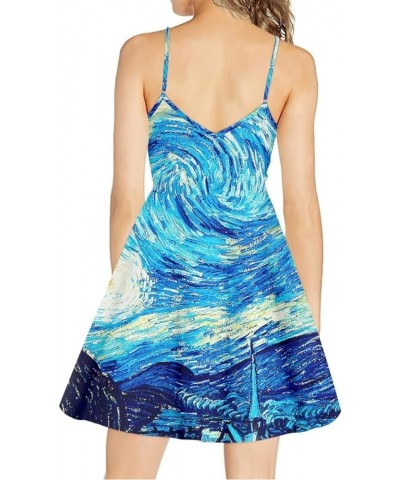 Women's Van Gogh 3D Printed V-Neck Spaghetti Straps A-Line Swing Dress Blue Van Gogh Starry Night $14.99 Dresses