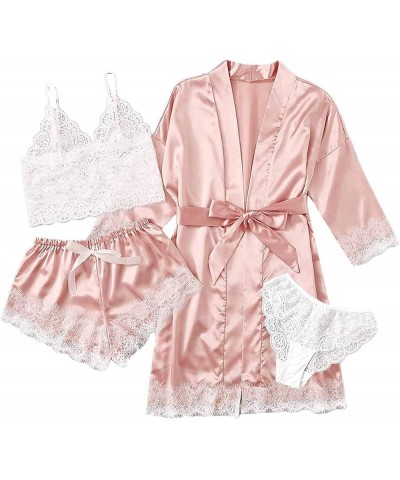 Silk Pajamas for Women Set with Robe Sexy Satin 4pcs Sleepwear Soft Floral Lace Cami Lingerie Shorts Loungwear 01-pink $8.69 ...