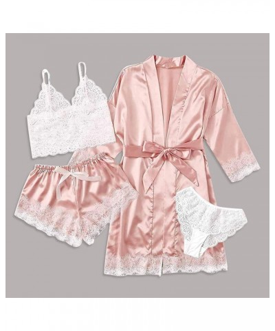 Silk Pajamas for Women Set with Robe Sexy Satin 4pcs Sleepwear Soft Floral Lace Cami Lingerie Shorts Loungwear 01-pink $8.69 ...