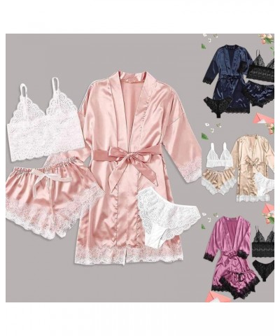 Silk Pajamas for Women Set with Robe Sexy Satin 4pcs Sleepwear Soft Floral Lace Cami Lingerie Shorts Loungwear 01-pink $8.69 ...