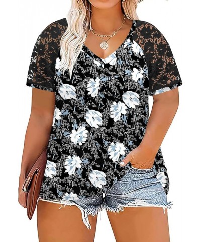 Plus-Size-Tops for Women Summer V Neck Casual Shirts Lace Short Sleeve Tees 01_yh005 $12.92 Tops