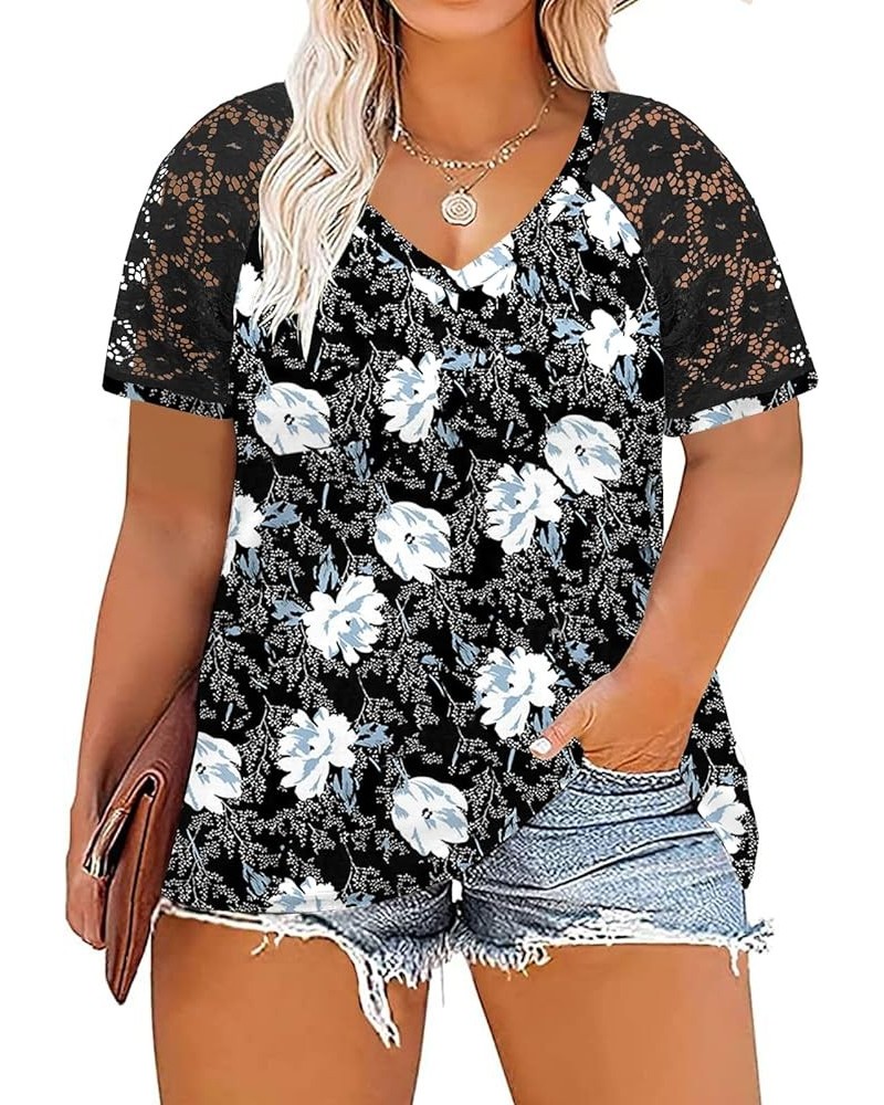 Plus-Size-Tops for Women Summer V Neck Casual Shirts Lace Short Sleeve Tees 01_yh005 $12.92 Tops