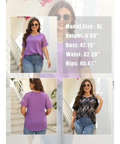 Plus-Size-Tops for Women Summer V Neck Casual Shirts Lace Short Sleeve Tees 01_yh005 $12.92 Tops