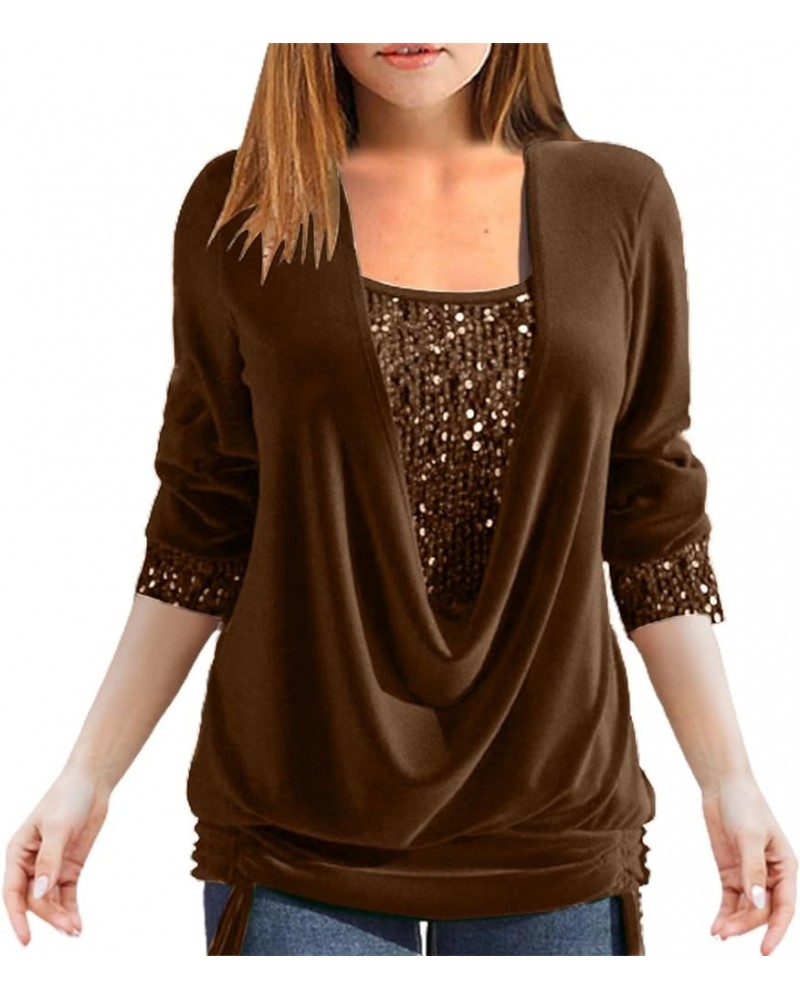 Sequin Tops for Women Long Sleeve V Neck Blouse Dressy Casual Evening Party Shirts Solid Drawstring Tunic Tops 9-coffee $14.8...