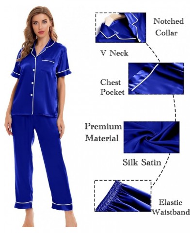 Womens 4pcs Pajamas Sets Silk Satin Sleepwear Sexy Cami with Button Down Short Sleeve Shirt Pjs Loungewear A-blue $16.81 Slee...