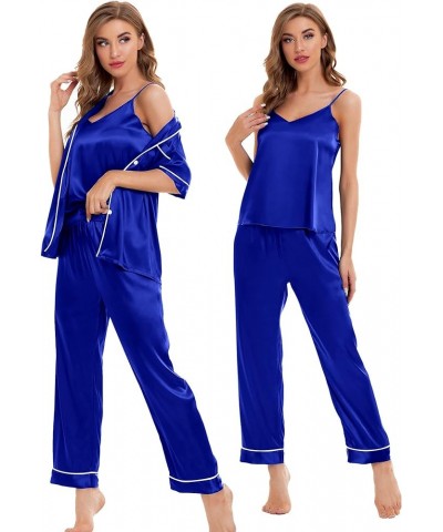 Womens 4pcs Pajamas Sets Silk Satin Sleepwear Sexy Cami with Button Down Short Sleeve Shirt Pjs Loungewear A-blue $16.81 Slee...