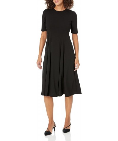 Women's Short Sleeve Double Pleat Midi Dress Black $56.06 Dresses