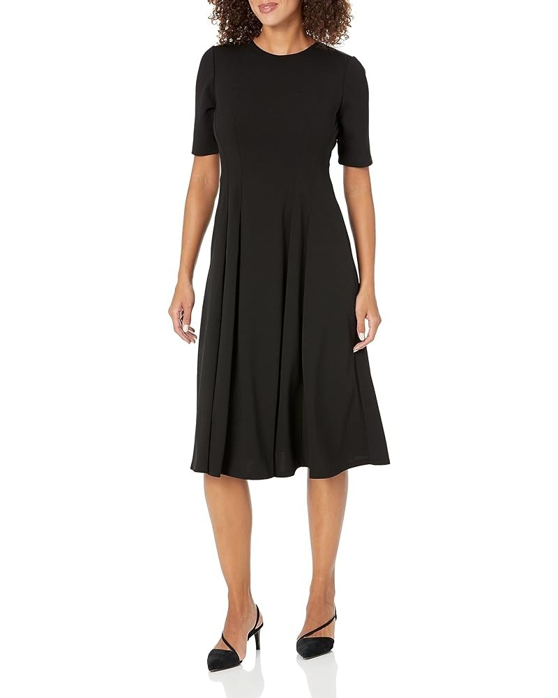 Women's Short Sleeve Double Pleat Midi Dress Black $56.06 Dresses