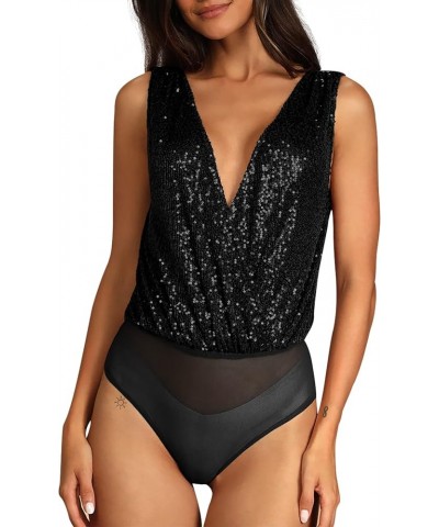 Sparkle Sequin Bodysuit For Women V-Neck Cowl Back Shiny Glitter One-piece Top Bodysuits with Sheer Mesh Thong Black $19.50 L...