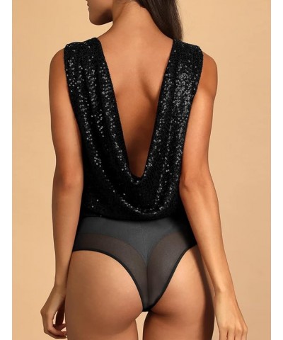 Sparkle Sequin Bodysuit For Women V-Neck Cowl Back Shiny Glitter One-piece Top Bodysuits with Sheer Mesh Thong Black $19.50 L...