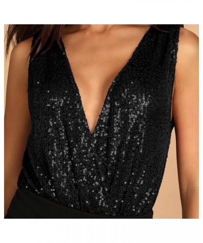 Sparkle Sequin Bodysuit For Women V-Neck Cowl Back Shiny Glitter One-piece Top Bodysuits with Sheer Mesh Thong Black $19.50 L...