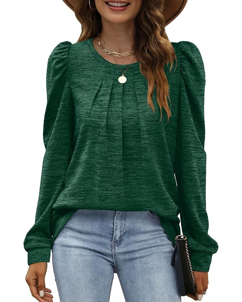 Crewneck Pleated Sweatshirts for Women Puff Sleeve Tunic Tops S-3XL 03-dark Green $10.59 Tops