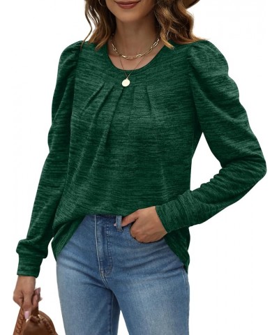 Crewneck Pleated Sweatshirts for Women Puff Sleeve Tunic Tops S-3XL 03-dark Green $10.59 Tops