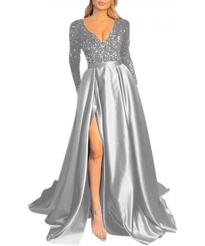 Women's Sequin Long Sleeves Prom Dresses Satin with Slit Formal Evening Party Gowns with Pockets Silver $35.25 Dresses