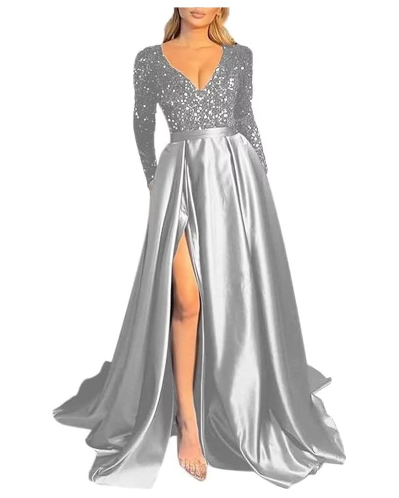 Women's Sequin Long Sleeves Prom Dresses Satin with Slit Formal Evening Party Gowns with Pockets Silver $35.25 Dresses