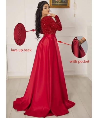 Women's Sequin Long Sleeves Prom Dresses Satin with Slit Formal Evening Party Gowns with Pockets Silver $35.25 Dresses