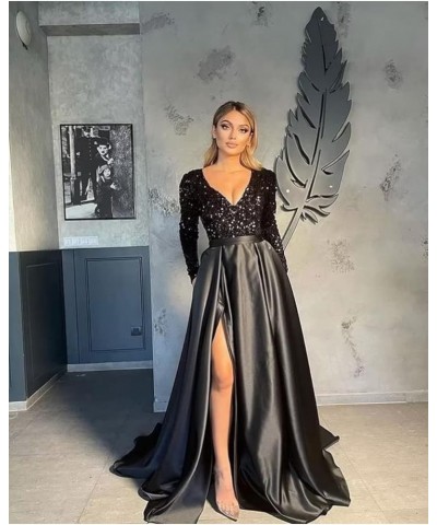 Women's Sequin Long Sleeves Prom Dresses Satin with Slit Formal Evening Party Gowns with Pockets Silver $35.25 Dresses