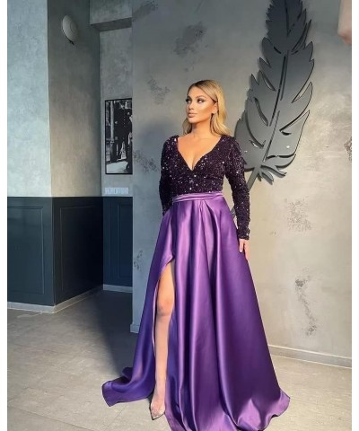 Women's Sequin Long Sleeves Prom Dresses Satin with Slit Formal Evening Party Gowns with Pockets Silver $35.25 Dresses