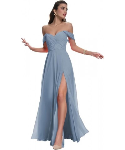 Off Shoulder Chiffon Bridesmaid Dresses with Slit Long Sexy Pleated Formal Dresses with Pockets for Women YMX62 Dusty Blue $2...