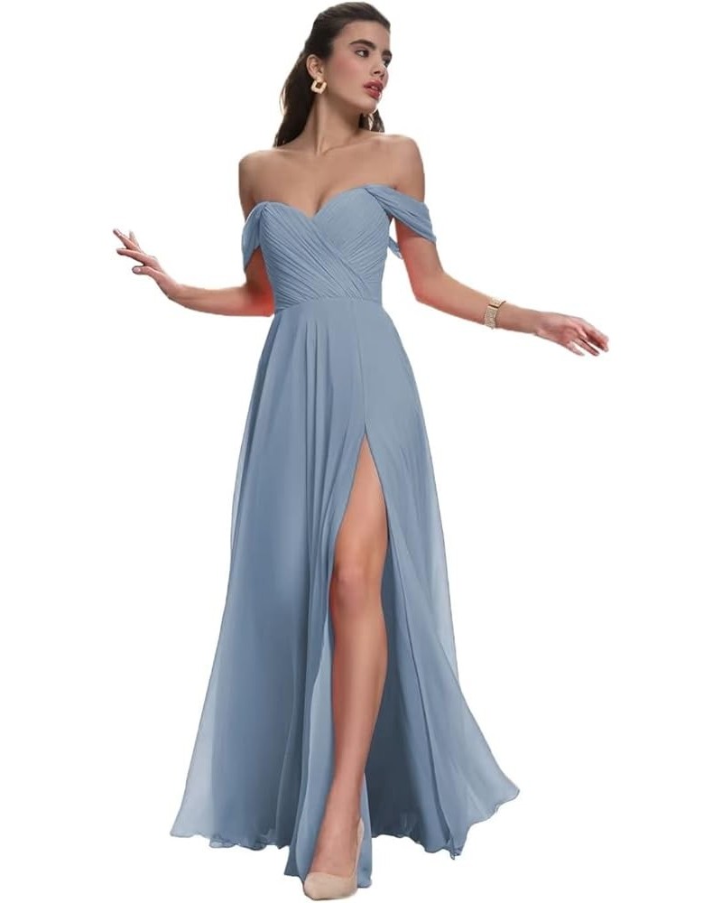 Off Shoulder Chiffon Bridesmaid Dresses with Slit Long Sexy Pleated Formal Dresses with Pockets for Women YMX62 Dusty Blue $2...