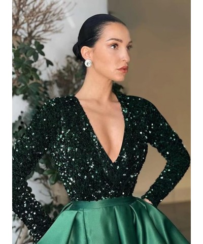 Women's Sequin Long Sleeves Prom Dresses Satin with Slit Formal Evening Party Gowns with Pockets Silver $35.25 Dresses