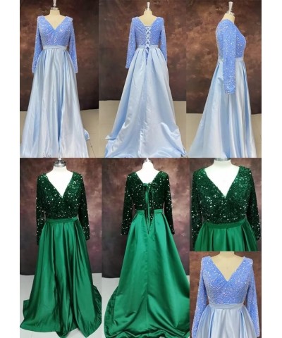 Women's Sequin Long Sleeves Prom Dresses Satin with Slit Formal Evening Party Gowns with Pockets Silver $35.25 Dresses