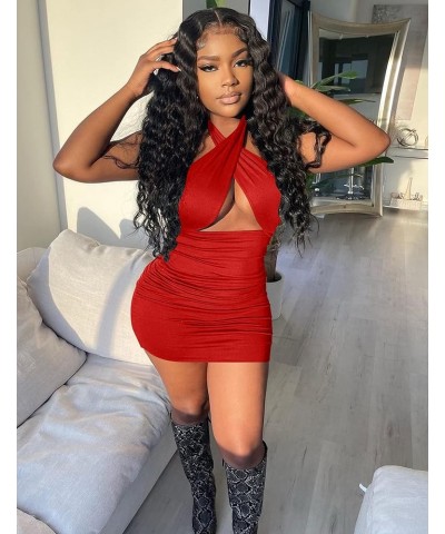 Women's Sexy Ruched Bodycon Halter Criss Cross Cut Out Backless Mini Club Party Dresses Red $15.65 Dresses