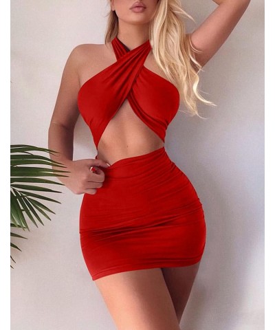 Women's Sexy Ruched Bodycon Halter Criss Cross Cut Out Backless Mini Club Party Dresses Red $15.65 Dresses