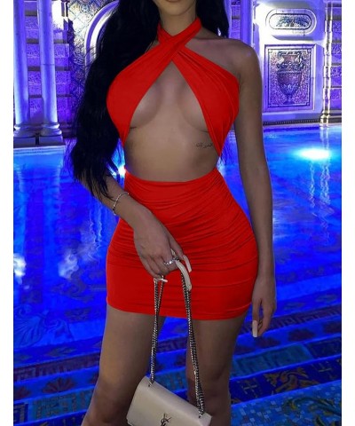 Women's Sexy Ruched Bodycon Halter Criss Cross Cut Out Backless Mini Club Party Dresses Red $15.65 Dresses