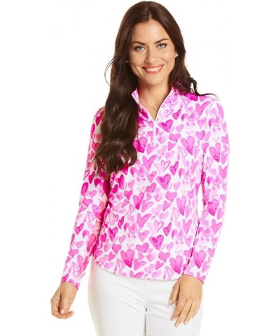 Women’s Sun Protective UPF50+ Icefil Cooling Full of Hearts Print Long Sleeve Mock Neck – 10755 Color: Pink Multi - Print: Fu...