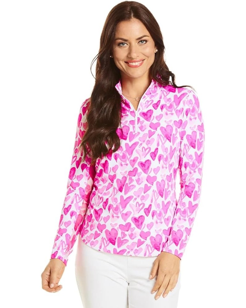 Women’s Sun Protective UPF50+ Icefil Cooling Full of Hearts Print Long Sleeve Mock Neck – 10755 Color: Pink Multi - Print: Fu...