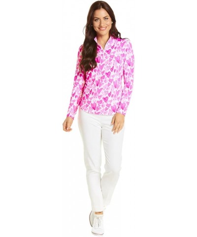 Women’s Sun Protective UPF50+ Icefil Cooling Full of Hearts Print Long Sleeve Mock Neck – 10755 Color: Pink Multi - Print: Fu...