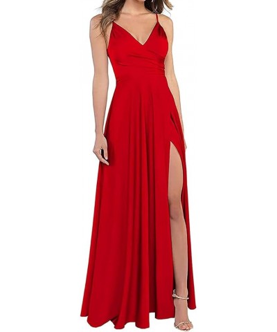 Long Bridesmaid Dresses for Women Formal Satin Spaghetti Strap Prom Evening Gowns RYZ054 Red $28.70 Dresses