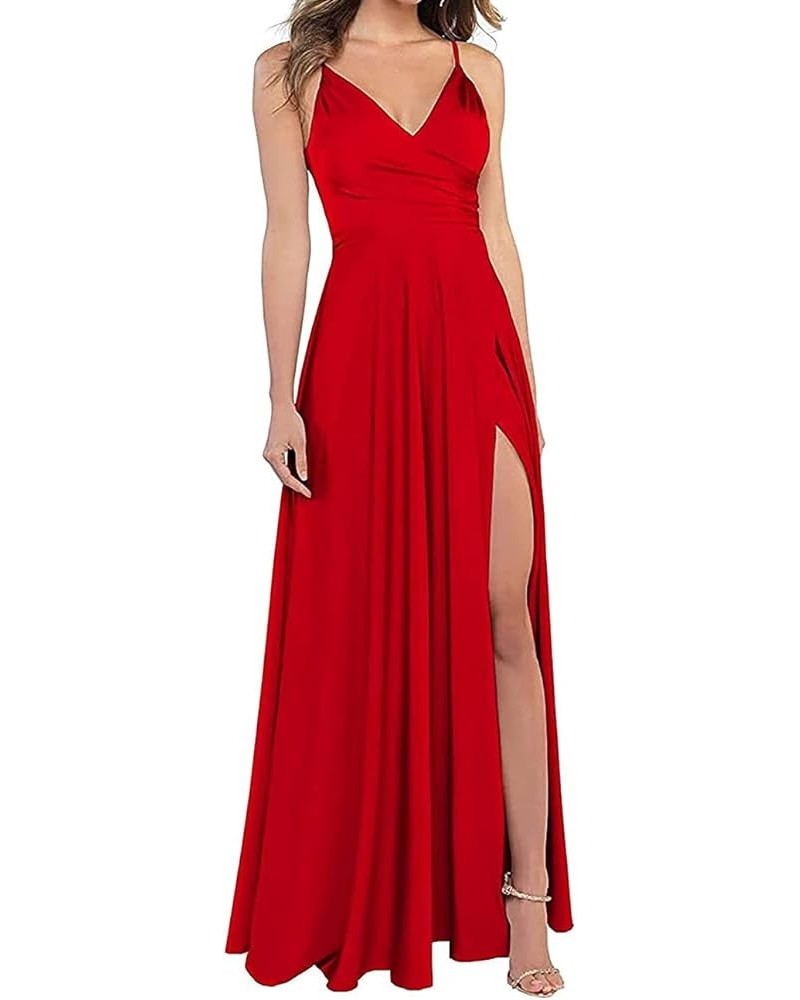 Long Bridesmaid Dresses for Women Formal Satin Spaghetti Strap Prom Evening Gowns RYZ054 Red $28.70 Dresses