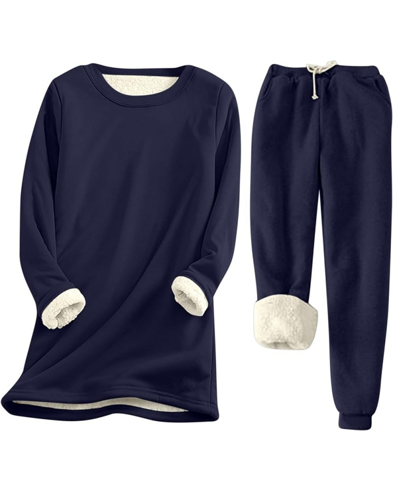 Fleece Lined Lounge Sets for Women 2 Piece Outfits Winter Warm Loungewear Sleepwear Pajamas Set 01-navy $20.75 Sleep & Lounge