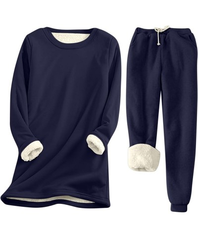 Fleece Lined Lounge Sets for Women 2 Piece Outfits Winter Warm Loungewear Sleepwear Pajamas Set 01-navy $20.75 Sleep & Lounge