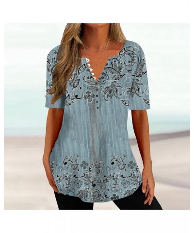 Womens Tops Hide Belly Fat Shirts Casual Dressy Floral Print T Shirts Summer Pleated Button Up V Neck Tunic Tops 03sky Blue $...